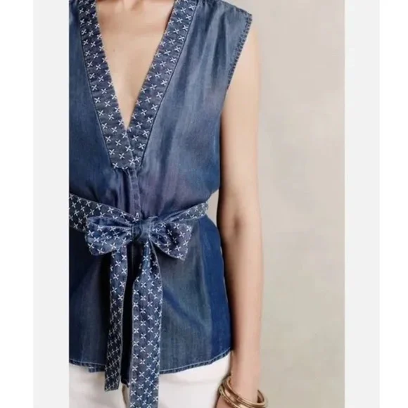Holding Horses Anthropologie chambray sleeveless wrap top - Picture 6 of 9